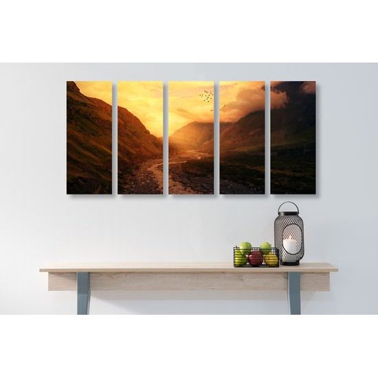 5-dielny obraz slnko zapadajúce za kopce