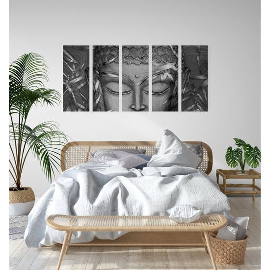 5-dielny obraz abstraktný Budha v čiernobielom prevedení