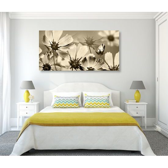 Obraz záhrada plná rozkvitnutých kvetov v sépiovom prevedení