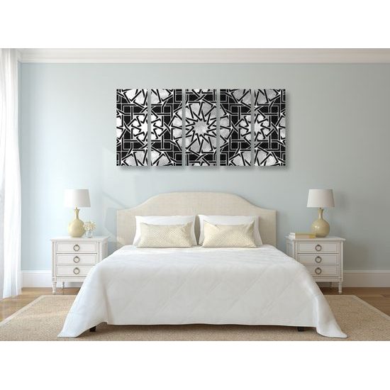 5-dielny obraz strieborná mandala v čiernobielom prevedení