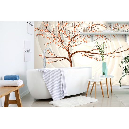 Samolepiaca tapeta strom s oranžovými kvetmi na abstraktnom pozadí