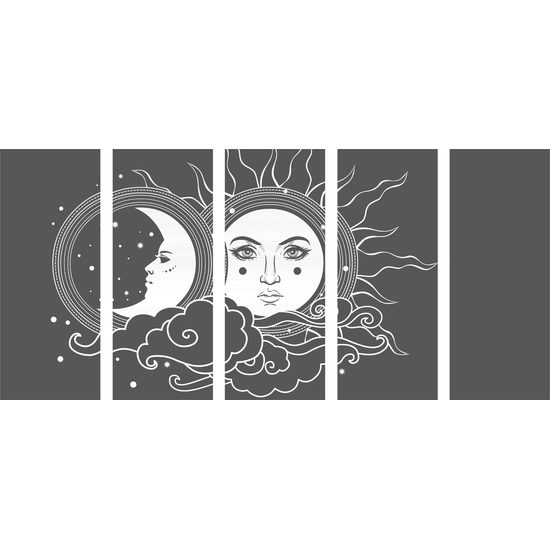5-dielny obraz symboly slnka a mesiaca v čiernobielom prevedení