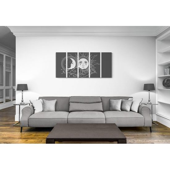 5-dielny obraz symboly slnka a mesiaca v čiernobielom prevedení