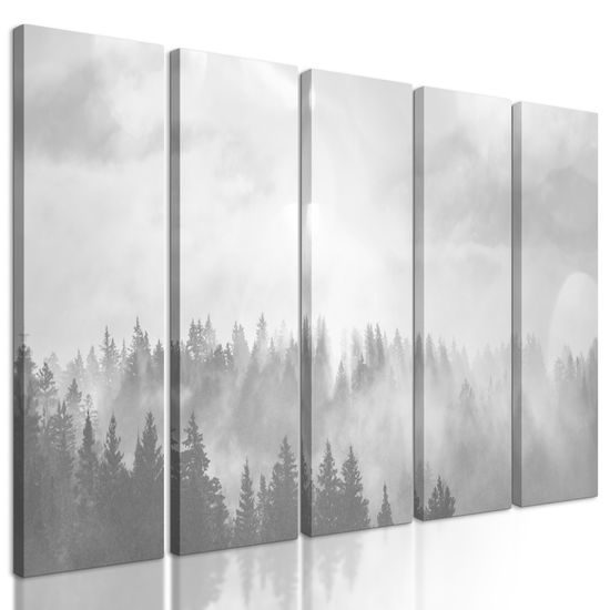 5-dielny obraz les zahalený hmlou v čiernobielom prevedení