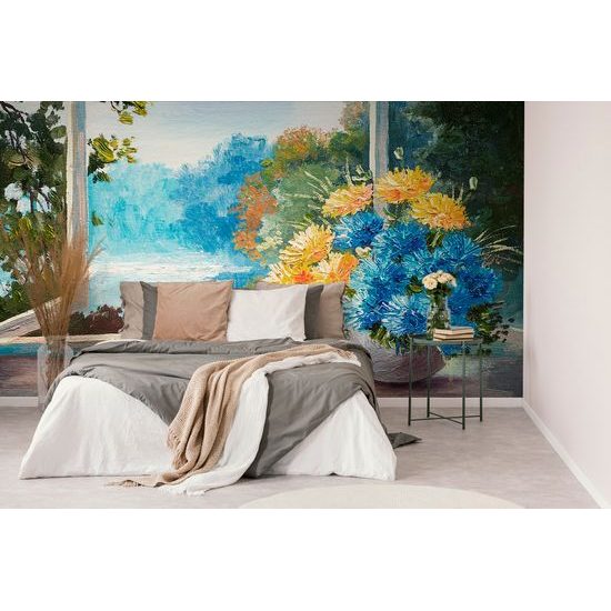 Samolepiaca tapeta maľovaný črepník s kvetmi na okne