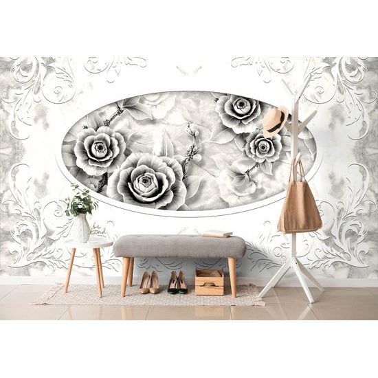 Samolepiaca tapeta čiernobiele ruže s ornamentom vo vintage štýle