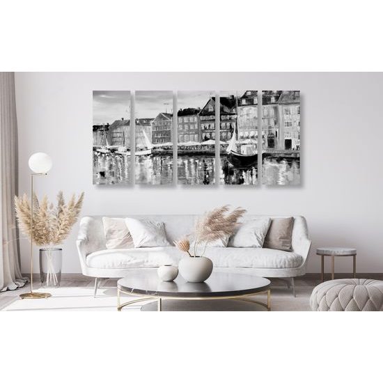 5-dielny obraz umelecká abstrakcia Benátok v čiernobielom prevedení