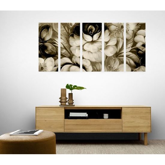 5-dielny obraz abstraktná maľba kvetín v sépiovom prevedení