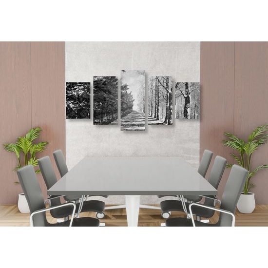5-dielny obraz zasnežená alej v čiernobielom prevedení