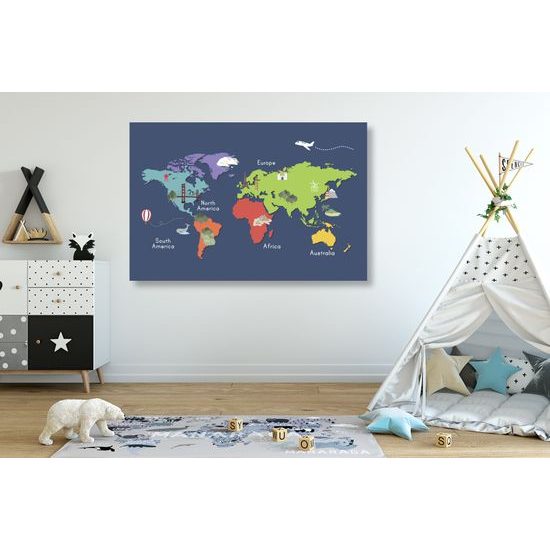 Obraz mapa sveta s kreslenými dominantami