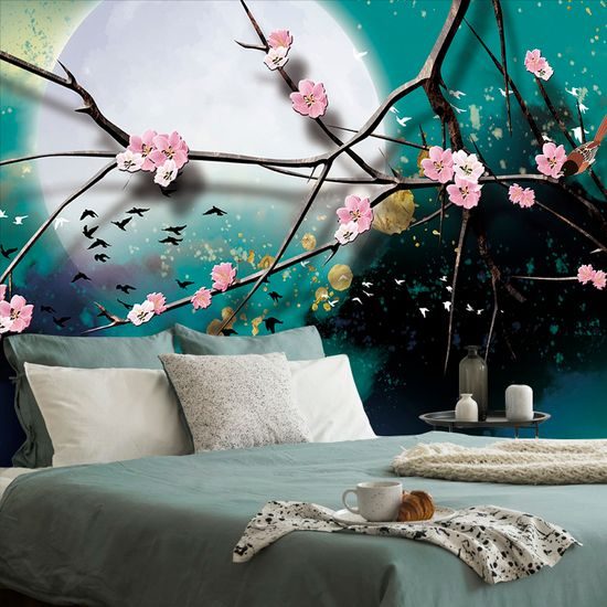 Samolepiaca tapeta konáre s ružovými kvetmi za splnu mesiaca