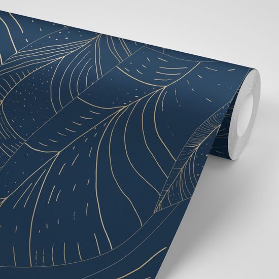 Samolepiaca tapeta eleganté zlaté listy na modrom pozadí