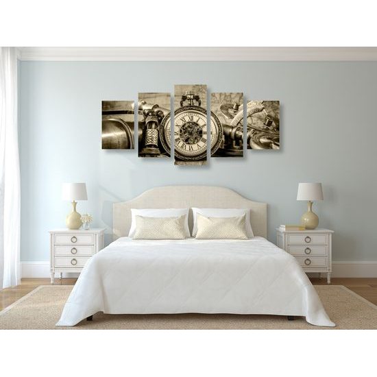 5-dielny obraz historické luxusné hodinky v sépiovom prevedení