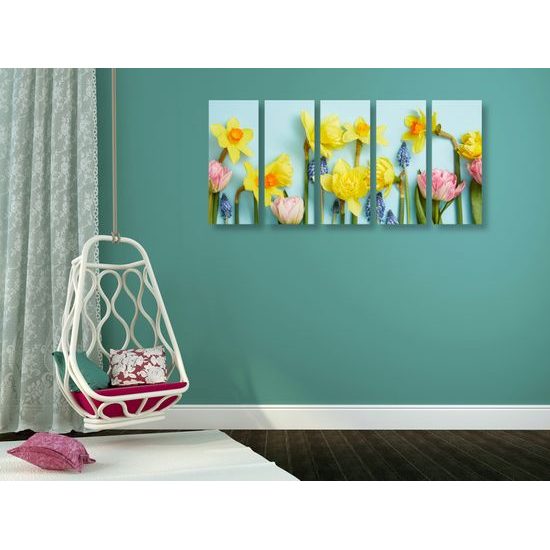 5-dielny obraz rozmanitosť jarných kvetov