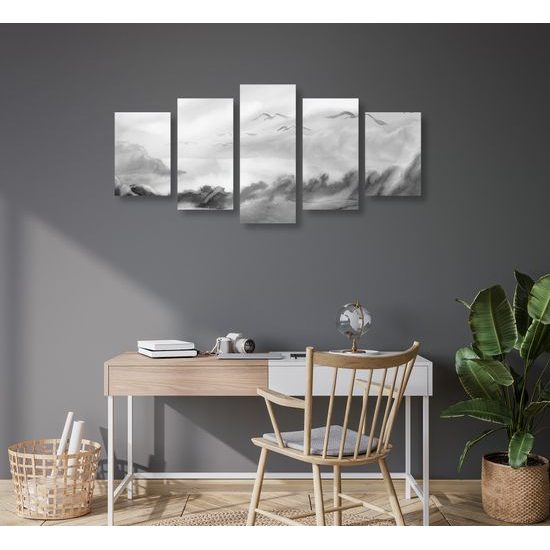 5-dielny obraz divoké čajky v čiernobielom prevedení