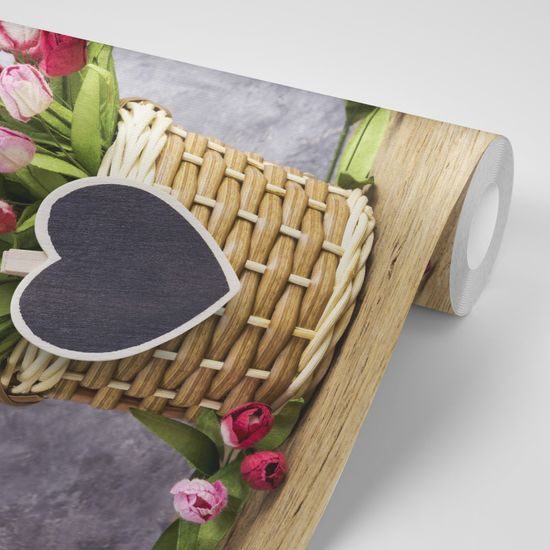 Samolepiaca tapeta drevený košík plný tulipánov