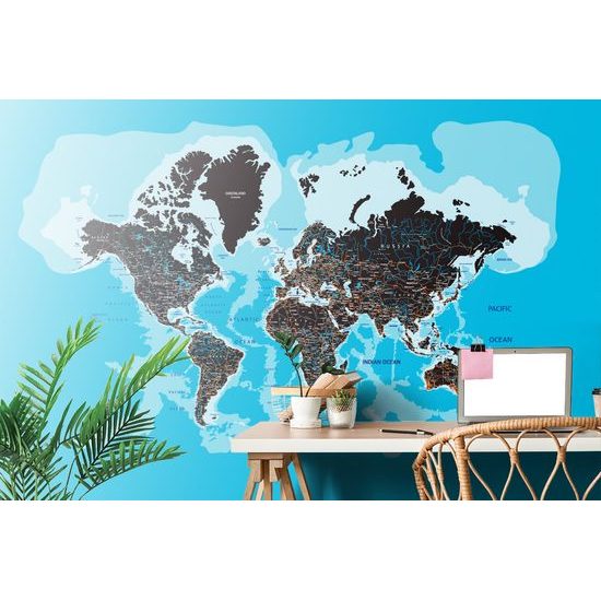 Samolepiaca tapeta moderná mapa sveta na modrom pozadí