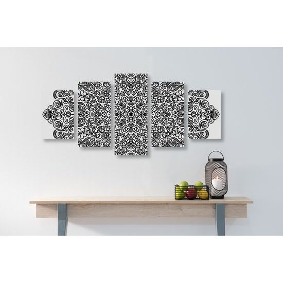 5-dielny obraz čiernobiela Mandala v štýle kvetov