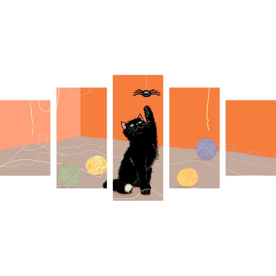 5-dielny obraz umelecké stvárnenie hravej čiernej mačky