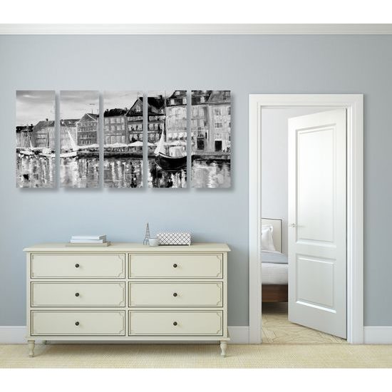 5-dielny obraz umelecká abstrakcia Benátok v čiernobielom prevedení
