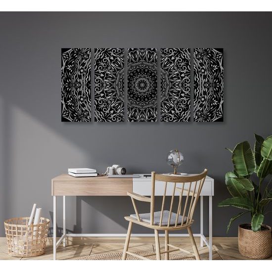 5-dielny obraz ukľudnujúca Mandala v čiernobielom prevedení