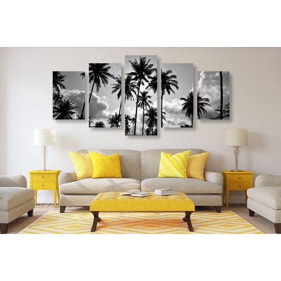 5-dielny obraz západ slnka v tropickom raji v čiernobielom prevedení