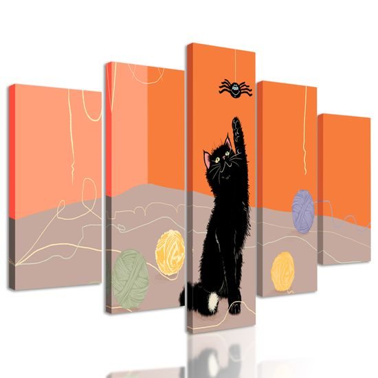 5-dielny obraz umelecké stvárnenie hravej čiernej mačky