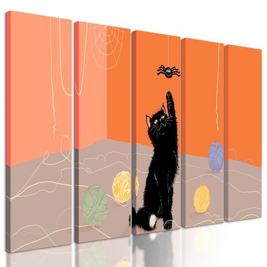 5-dielny obraz umelecké stvárnenie hravej čiernej mačky