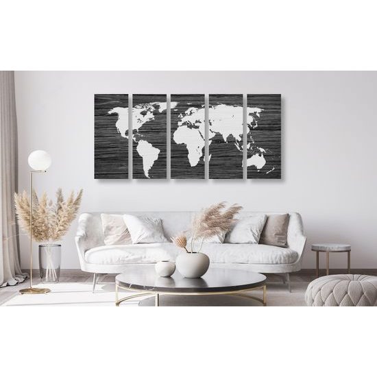 5-dielny obraz čiernobiela moderná mapa sveta na drevenom podklade