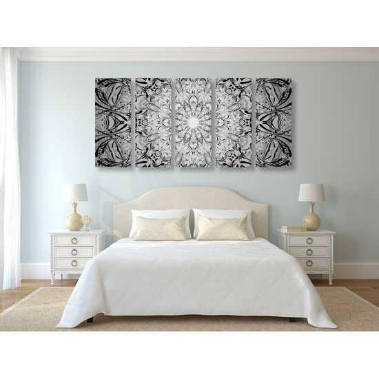 5-dielny obraz Mandala v čiernobielom prevedení