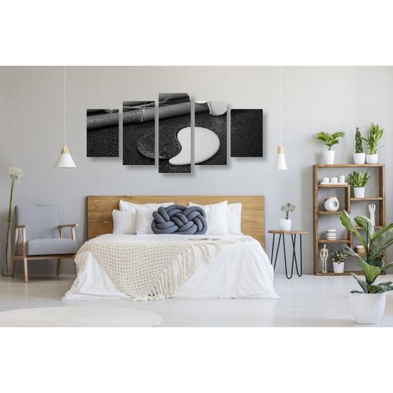 5-dielny obraz bambusové zátišie so symbolom Jin a Jang v čiernobielom prevedení