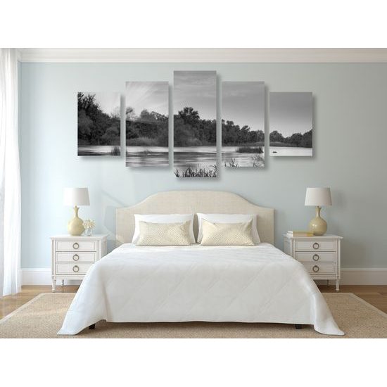 5-dielny obraz slnečné lúče nad jazerom v čiernobielom prevedení