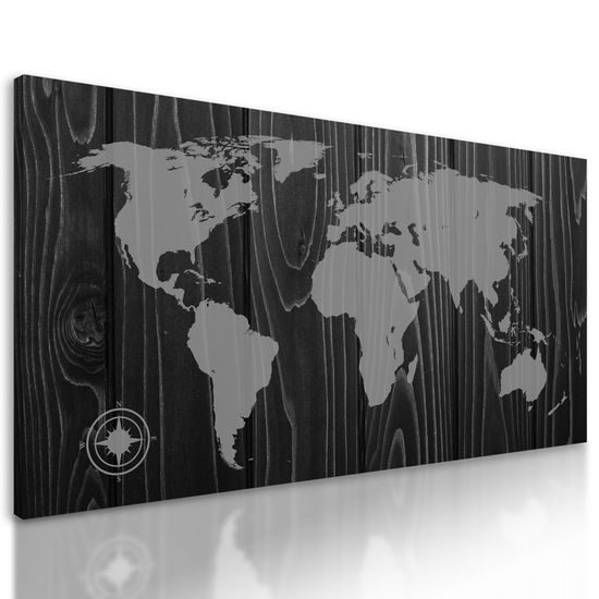 Obraz čiernobiela mapa sveta na dreve v luxusnom prevedení