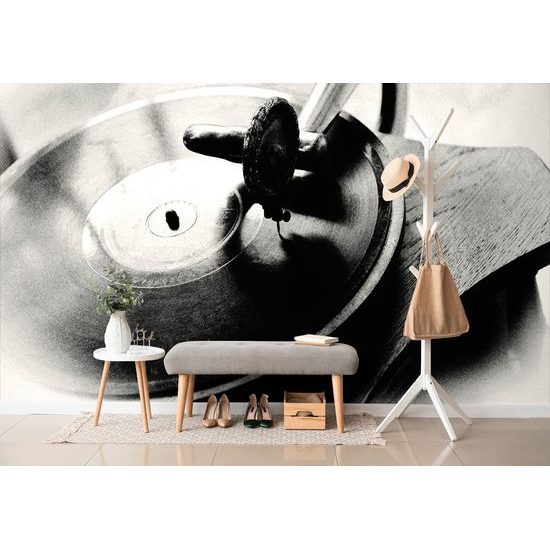 Samolepiaca fototapeta detail starobylého gramofónu v čiernobielom prevedení