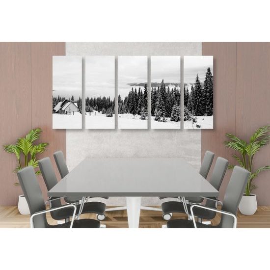 5-dielny obraz čiernobiely obraz domček uprostred zasneženej krajiny