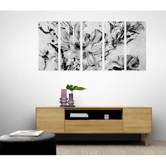 5-dielny obraz maľovaná abstrakcia kvetu v čiernobielom prevedení