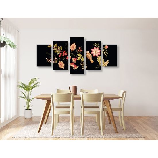 5-dielny obraz vtáčik na vetvičke s folklórnym motívom