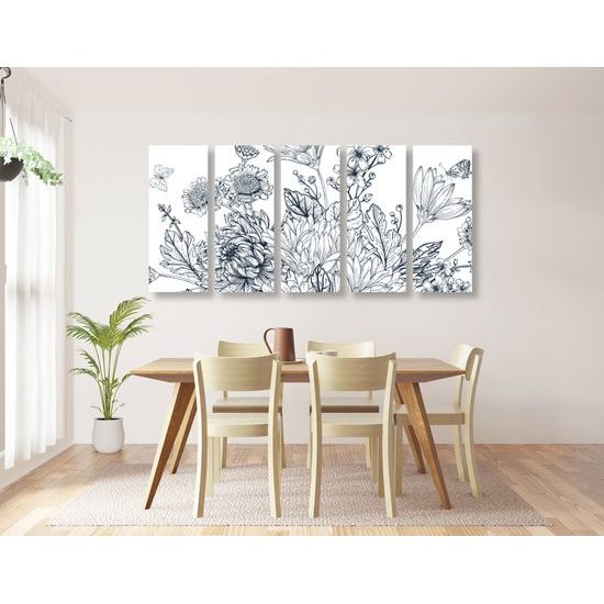 5-deilny obraz maľovaná kytica v čiernobielom prevedení
