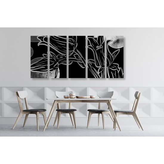 5-dielny obraz kvety v abstraktnom čiernobielom prevedení