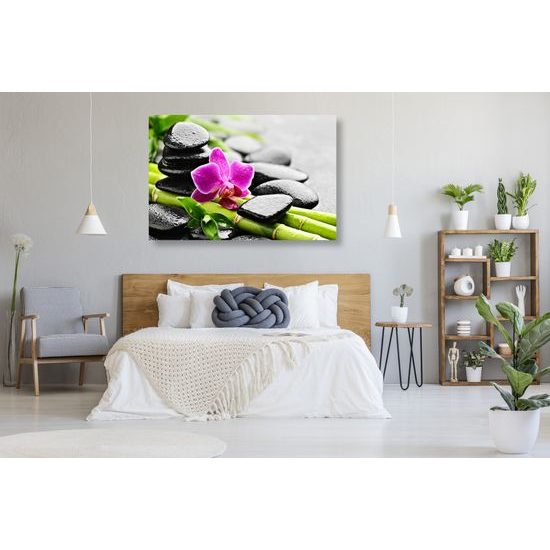 Obraz wellnes zátišie po daždi s nádhernou orchideou