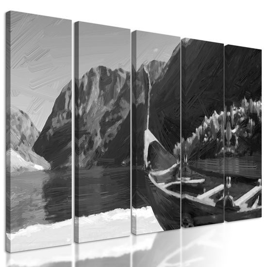 5-dielny obraz maľovaná vikingská loď v čiernobielom prevedení