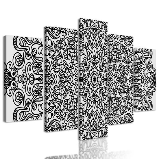 5-dielny obraz čiernobiela Mandala v štýle kvetov