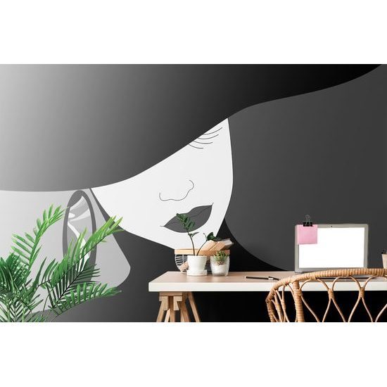 Samolepiaca tapeta tajomná žena v klobúku v čiernobielom prevedení