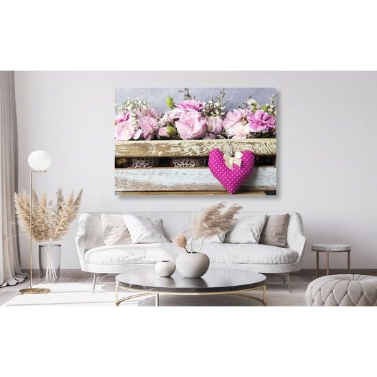 Obraz kvety karafiátu a ružové srdiečko