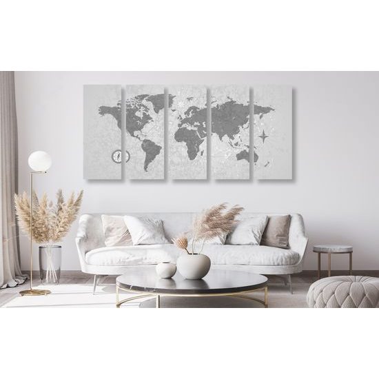 5-dielny obraz vintage mapa sveta v čiernobielom prevedení