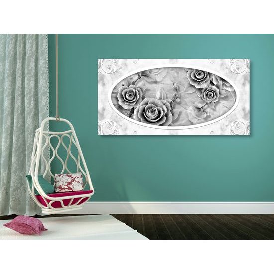 Obraz nádherné historické ruže v čiernobielom prevedení