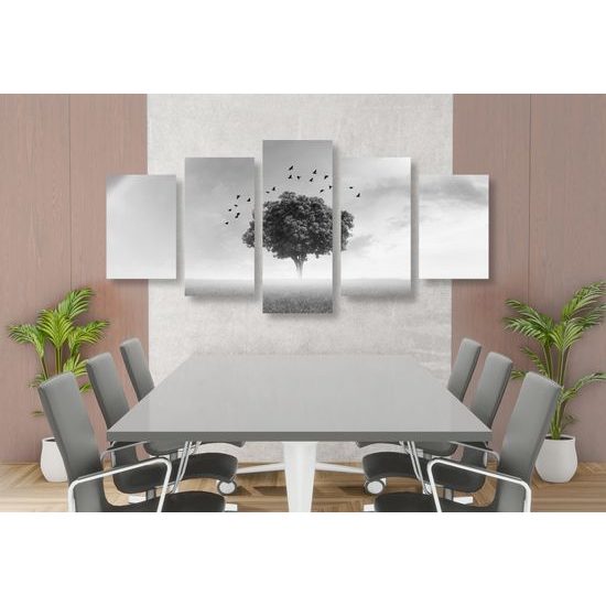 5-dielny obraz strom pod dúhou v čiernobielom prevedení