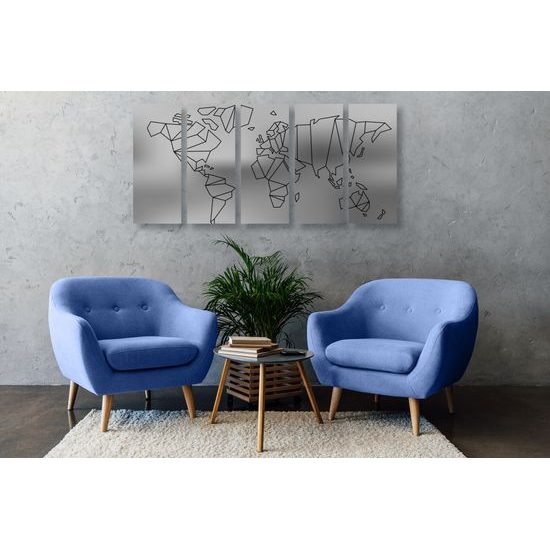 5-dielny obraz umelecká abstrakcia mapy sveta v čiernobielom prevedení