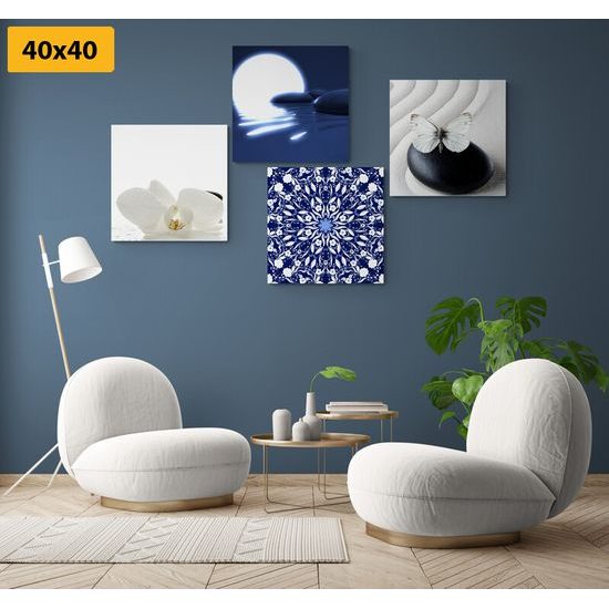 Set obrazov harmónia na bielo-modrom pozadí