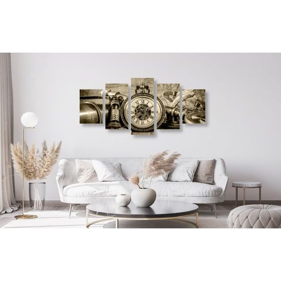 5-dielny obraz historické luxusné hodinky v sépiovom prevedení